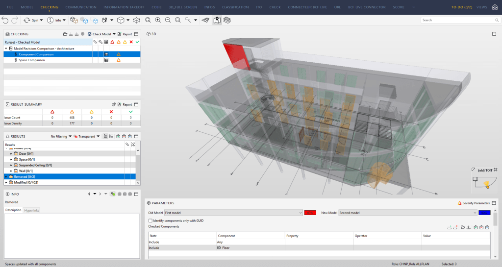 Contrôle qualité, comparaison de versions de modèles BIM (Solibri).